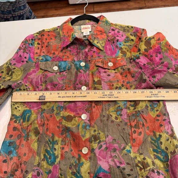 Ruby Rd.‎ Button Shirt Jacket Womens Size 14 Abstract Roll Tab Sleeves Sheer - Picture 7 of 8